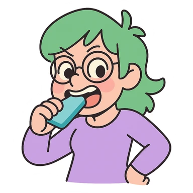 Seele with green hair and glasses biting, pastel toon style sticker