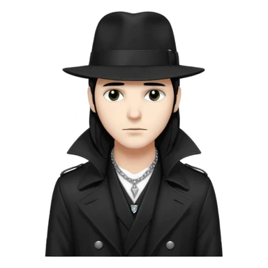 Male Goth with Fedora
 Sleek long hair, white skin, black trench coat, silver necklace visible under coat sticker