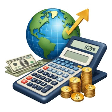 An icon featuring a calculator, a dollar sign, and a chart with upward trends, symbolizing economics. The design includes coins, bills, and a globe, representing global trade and financial systems. Transparent background highlights the study of markets, supply, and demand. sticker