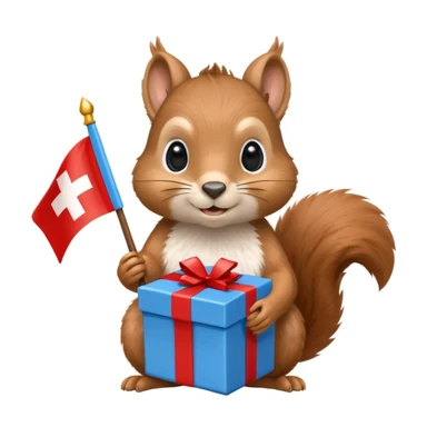 a squirrel holding a blue gift box in one hand and a red Swiss flag in the other, both objects clearly visible, simple white background, the gift is a different color from the flag sticker