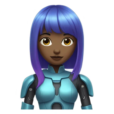 A girl with blue hair. She has dark skin. Her hair is very long and straight. Plus she has bangs. She has purple eyes. She has a robotic arm. She's wearing a sci-fi suit. sticker