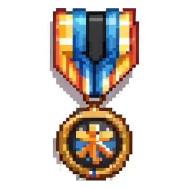 A colorful sponsor ribbon badge with a medal sticker