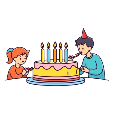 a person blowing out candles on a birthday cake, cartoonish sticker style sticker