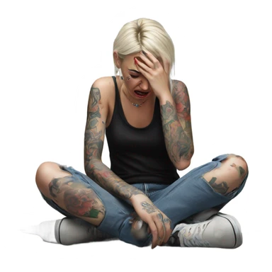 Hyper Realistic Beautiful tattooed woman crying sadly on the floor  sticker