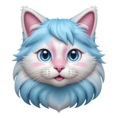A cute fluffy long-haired cat face emoji, grey and white bicolor fur, thick white mane around the neck, stunning icy blue eyes, pink nose, long whiskers, looking up slightly, soft lighting, 3D Apple style emoji, high detail. sticker