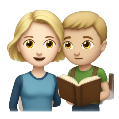 a woman with brown hair and pale skin site and read a book to a young boy with pale skin and blonde hair sticker