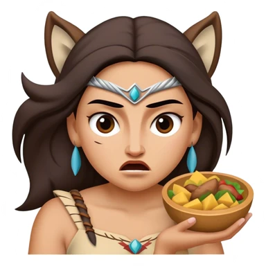 Cinematic Funny Pocahontas Portrait Emoji, Looking bewildered as Meeko steals her food, one brow raised in playful frustration, a warrior princess caught in a hilariously relatable moment, wild yet endearing! sticker