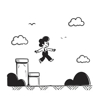 pixel art of a retro side-scrolling video game scene with blocks, platforms, clouds, and a character jumping, 8-bit Game Boy style, Mario world sticker