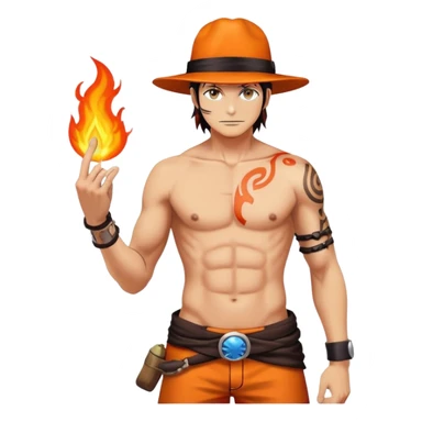 Portgas D. Ace with orange hat, shirtless with ASCE tattoo, fire powers sticker