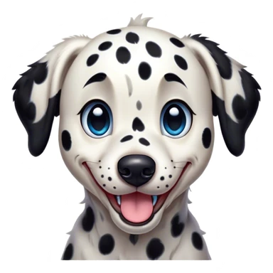 Cinematic Comical Spotted Dalmatian Portrait Emoji, Head tilted dramatically with an exaggeratedly shocked or amused expression, featuring a striking Fur of predominantly white with vivid black patches, wide, expressive blue eyes filled with playful disbelief, Simplified yet hilariously expressive features, highly detailed, glowing with a slightly sassy glow, high shine, dramatic yet playful, stylized with an air of cheeky charm, bright and endearing, soft glowing outline, capturing the essence of a spirited and over-the-top guardian, so meme-worthy it feels like it could side-eye its way into internet fame instantly! sticker