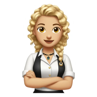 Waitress with white shirt and black apron, curly dirty-blonde hair in a pony tail, hazel eyes, LOTS of bohemian jewelry and bracelets  sticker