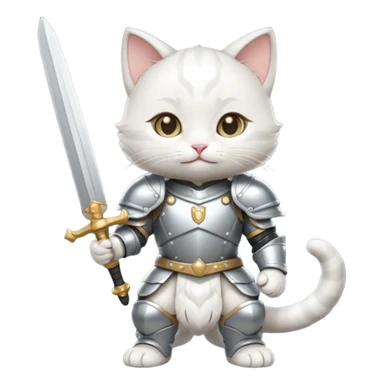 baby chibi white cat in silver armor, full body, smile, hold sword sticker