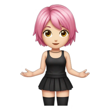 Full body Front view curvy emo girl pink hair sits on the floor straight view hands up black skirt белые трусики sticker