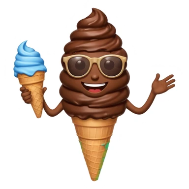 A chocolate icecream, with legs, arms, and a face. It can be seen wearing sunglasses sticker