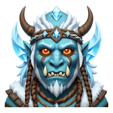 Fantasy Christmas orc shaman icon, ice spirit magic theme, glowing runes, winter tribal mask elements, mystical cold atmosphere, emoji sized portrait, male/female variant sticker