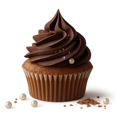 Change the icing to chocolate while keeping the realistic cupcake and accessories in a photorealistic style. Maintain transparent background. sticker