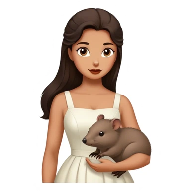 Beautiful woman in 1950’s woman fashion look, white dress, long dark brown hair, wombat sticker