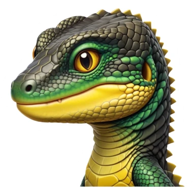 cinematic-realistic-cute-monitor-lizard-portrait-emoji,-head-tilted-playfully-and-inquisitively,-featuring-a-compact,-agile-body-with-finely-detailed,-glossy-scales-in-earthy-black and yellow-hues-and-a-distinct,-alert-face-with-bright,-curious-eyes, black , yellow spotted and green band  scales and a slender neck sticker