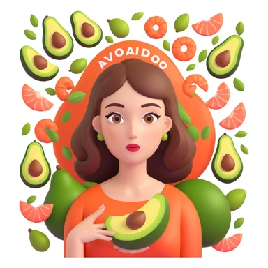 stylized confused woman with a question mark above her head, surrounded by floating icons of good fats: avocado, olive oil, nuts, salmon, modern style, vibrant colors, sharp details sticker