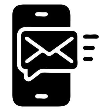 Minimalist icon of a phone with a notification or SMS. The phone body and envelope are solid black fill, but with more empty spaces left unfilled for readability, so it's clear that it's an SMS or notification on the phone. Transparent background. sticker