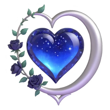 gothic heart made of midnight blue glass with a silver crescent moon, tiny black roses, shimmering stardust, magical glowing aura, silver sparkles sticker
