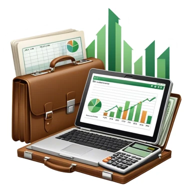 Icon for Business Reading: an open book with a graph and financial charts, a briefcase, a calculator, and a laptop nearby. The icon should represent the world of business, finance, and professional growth. Transparent background. sticker
