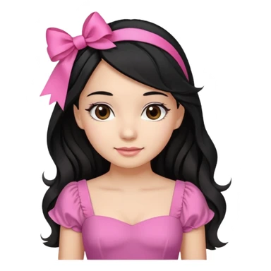 Beautiful girl with black hair in a half-up half-down hairstyle with pink ribbon tying the top half, waves at the ends, brown eyes, light skin, slight smile, and pink dress sticker