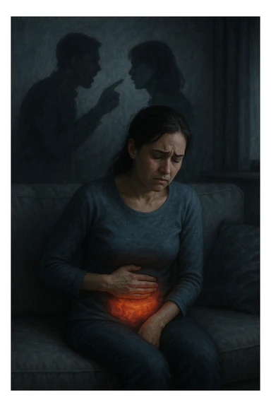 Donna sui 30 anni seduta su un divano, con una mano sull’addome e un'espressione visibilmente provata e triste. Intorno a lei, l’atmosfera è opaca e pesante, con toni freddi. Un’ombra simbolica dietro di lei rappresenta un evento stressante recente (es. un litigio o una perdita). Sul corpo, un lieve bagliore localizzato nella zona intestinale, a simboleggiare il dolore e l'infiammazione. Ambiente domestico, luci basse, emozione visibile. Stile realistico o metaforico con elementi emozionali e viscerali. sticker