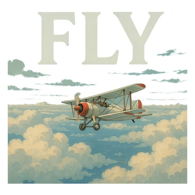 ghibli style airplane soaring above clouds with a sense of vastness, large FLY text in the sky sticker