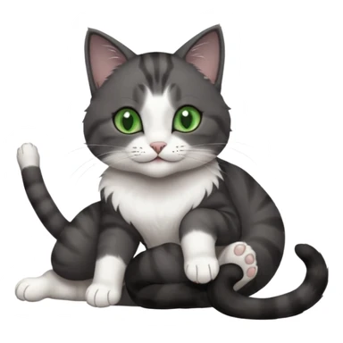 beautiful female solid dark grey cat with green eyes, white toes/paws and white patch on her chest rolling upside down sticker