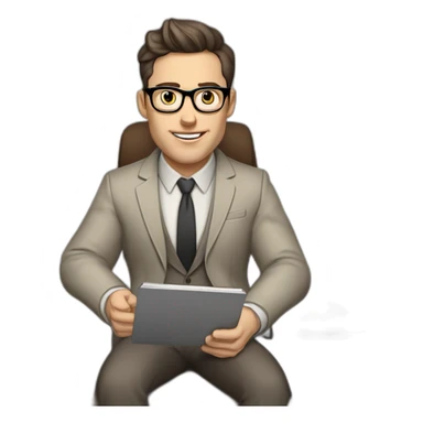 Pale skinned Fit Man With dark brown hair in gray jacket, beige office shirt, Brown pants and vintage glasses sitting In a soft chair with a notebook with emblem Ψ and a pen in his hands sticker