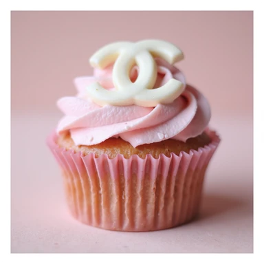 photorealistic pastel pink Chanel cupcake with a white chocolate logo, no background sticker