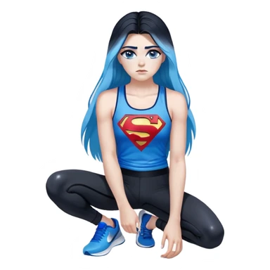 Shameful disappointed crying-very very very very big chest-texting on a samsung cell phone-very long straight flowing black to sky blue hair ombre-blue eyes-black eyeliner-long eyelashes-plastic sparkling sky blue very low cut tank top with sparkling superman logo-black leggings-nike sneakers sticker
