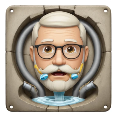 50 year old bearded and moustached white male wearing glasses with an open mouth. His mouth has been cast into a square frame made of concrete connected to a drain pipe. He is proud and thinks his right, while being slightly angry because the joke is on him. sticker