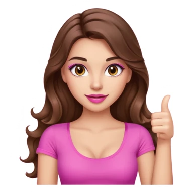 girl with long wavy brown hair, brown eyes, long lashes makeup, sexy pink lips, light to medium complexion, wearing a pink sexy top, thumbs up sticker
