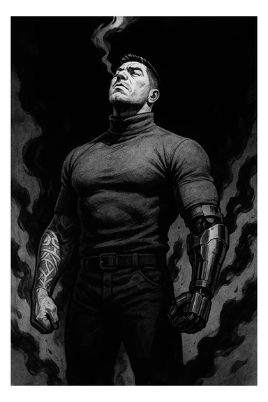 Black and white comic book panel of an extremely muscular Italian man with cybernetic implants standing in the dark, surrounded by smoke. He is wearing a long-sleeved shirt with a high collar, and his chest is sculpted. sticker