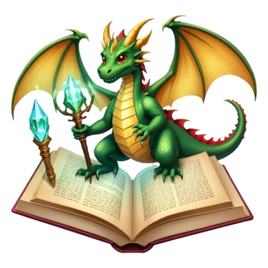 Icon for Fantasy and Sci-Fi Literature: a magical book with glowing pages, surrounded by a dragon, a spaceship, and a wizard with a staff. The icon should capture the adventurous and imaginative world of fantasy and science fiction. Transparent background. sticker