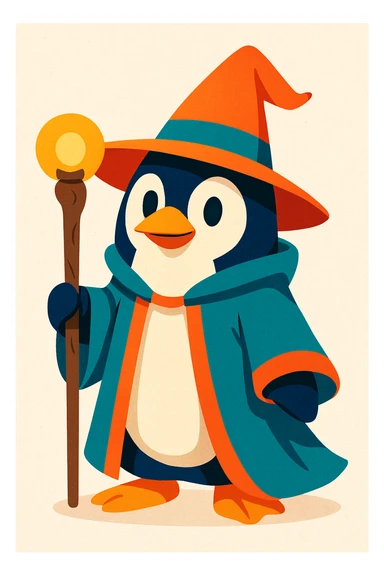 a penguin dressed as a wizard, with a pointed hat and a magic staff, in a charming, colorful style sticker