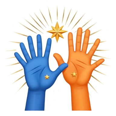 Two hands (orange and blue) shaking, surrounded by radiating lines and stars. Clean, minimalist style. Colors: orange (energy), blue (trust), gold highlights. Symbolizes teamwork, unity, and shared success. sticker