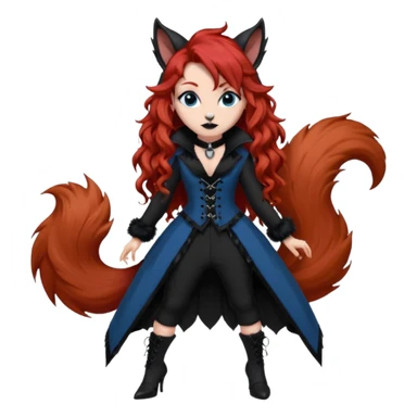 long curly red hair (darker), red pointed ears with black trim, black goth outfits, body and face human, blue eyes, more pointy chin, black lipstick, big fluffy red squirrel tail with black tips, like the attached photo with more outfits and poses,  sticker