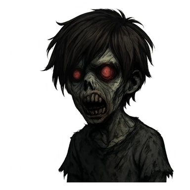 boy zombie with messy brown emo hair, medium length, dark and spooky, scary face sticker