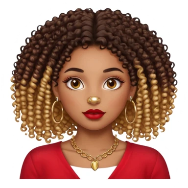 a light skinned black girl with 3b curly hair chocolate color eyelash extension ombre lips with gloss and red blouse gold nose ring piercing and gold septum piercing and gold necklace sticker