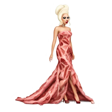 Lady gaga walking down the red carpet wearing a dress made out of meat sticker