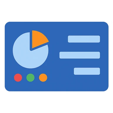 Create a very simple flat color clip art style Control Panel icon with a transparent background. The base is a blue rectangle. In the top left, place a pie chart. Below the pie chart, place three colored dots. To the right, place three horizontal blue rectangles of different lengths. Use the three blue shades from the provided palette for the main elements (rectangle base and horizontal bars). Allow other colors for the dots or pie chart if needed for clarity. Ensure all elements are clearly visible and distinct, minimal and clean style. sticker