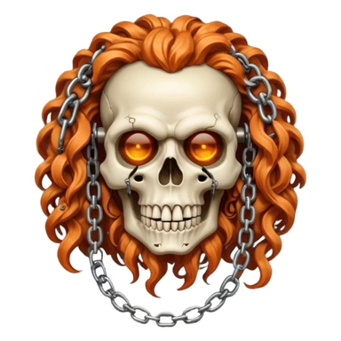 cinematic realistic steampunk Megadeth iconic skull mascot with a rusty chain in his teeth, huge curly orange hair sticker