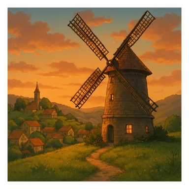 Windmill turning slowly in a quiet hill village at sunset. sticker