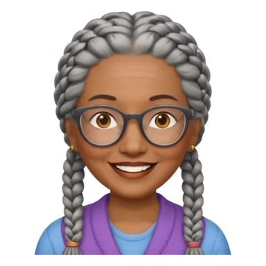 Older woman of color with gray braids, glasses and smiling sticker