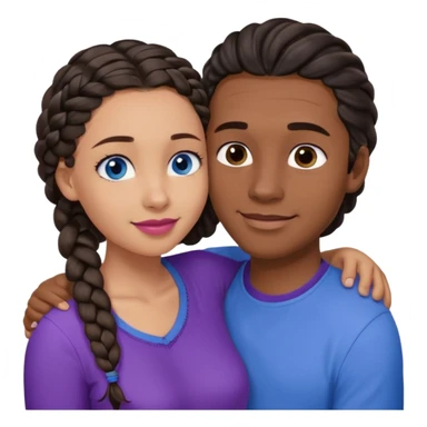 Boyfriend who is very tan olive skinned with blue eyes and wavy straight brown hair in a blue shirt and his girlfriend who is very dark skinned, juicy lipped with black braided hair and the two are hugging and smiling hugely she’s wearing purple and she has black eyes sticker