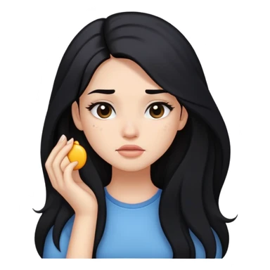 girl with long black hair, soft makeup, and a pimple on her face sticker