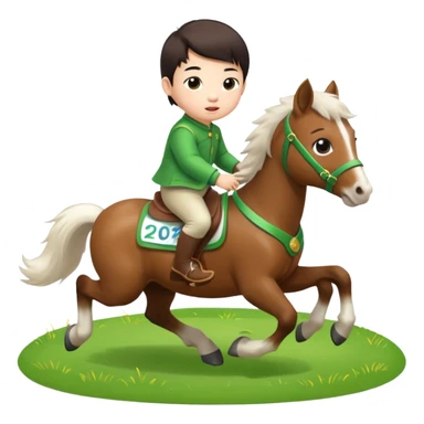 l little chinese baby riding on a  cute horse running really fast on the grass with 2026 year's label sticker